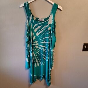 Teal Tie-Dye Cutout Shoulder Long Sleeve Dress
